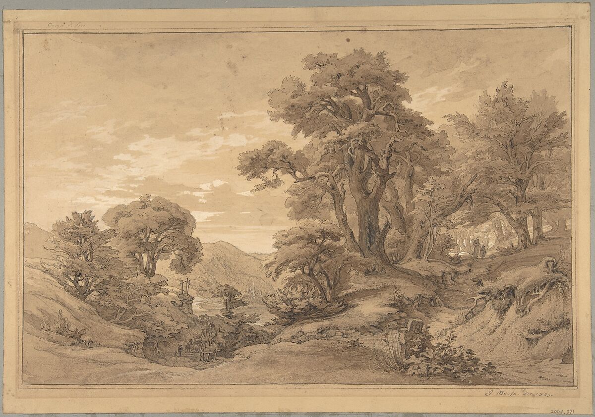 Hilly Landscape with Trees and a Road on the Right, Georg Heinrich Busse (German, Bennemuhlen 1810–1868 Hannover), Black chalk, pen and black ink, brush and brown ink, some white heightening 