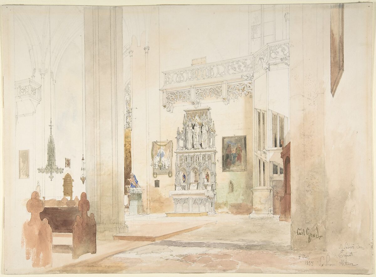 Interior of Saint Severin Church in Erfurt, Carl Georg Anton Graeb (German, Berlin 1816–1884 Berlin), Watercolor and pencil 