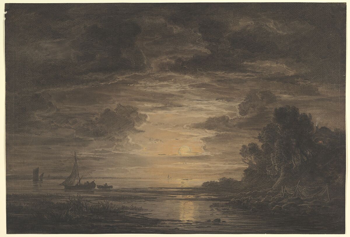 The River Elbe Downstream of Hamburg by Moonlight, Christian Ernst Morgenstern (German, Hamburg 1805–1867 Munich), Black chalk, brush and gray ink, heightened with white, orange and yellow gouache 