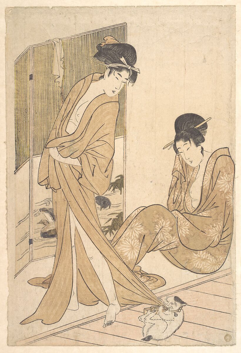 Two Young Women Wrapped in Yukata After a Bath, Kitagawa Utamaro (Japanese, ca. 1754–1806), Woodblock print; ink and color on paper, Japan 