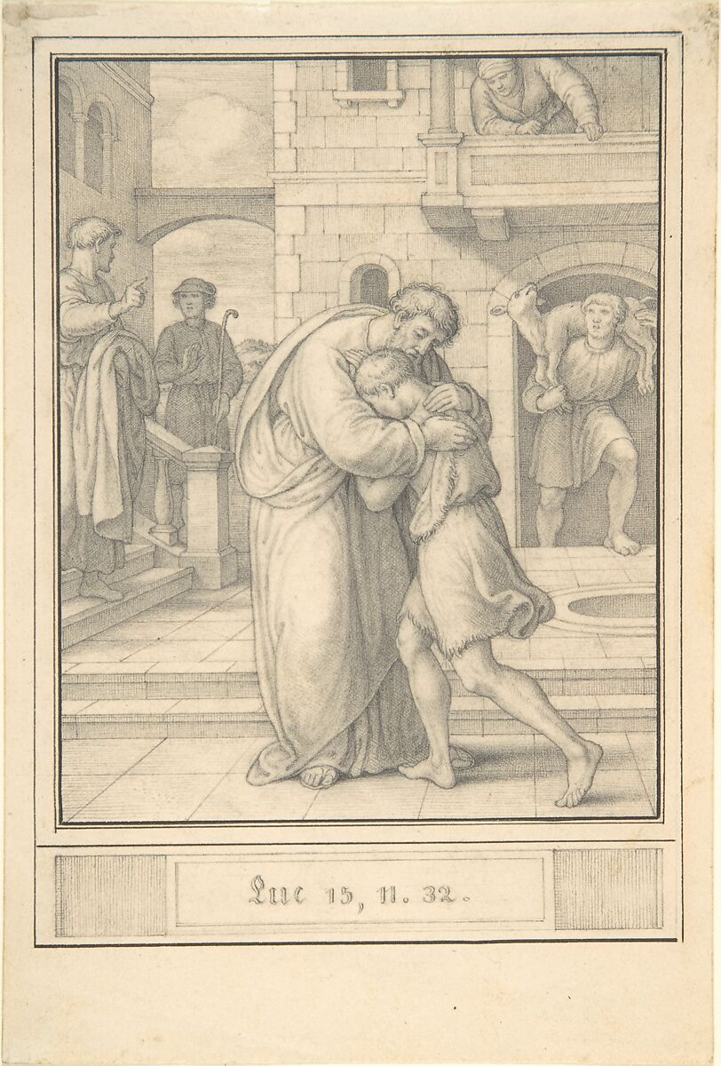 Return of the Prodigal Son, Friedrich Olivier (German, Dessau 1791–1859 Dessau), Graphite; framing lines in pen and black ink 