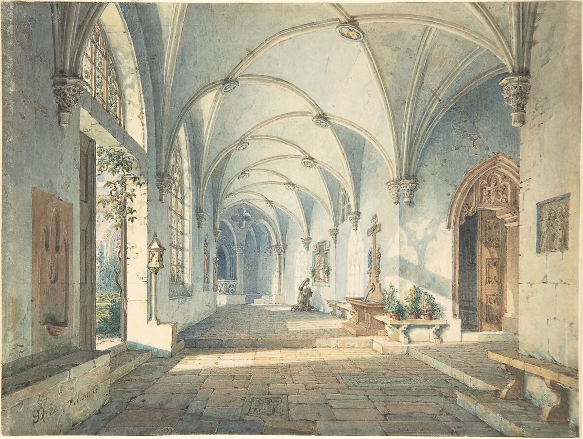 Cloisters in a Nunnery, Simon Quaglio (German, Munich 1795–1878 Munich), Watercolor 