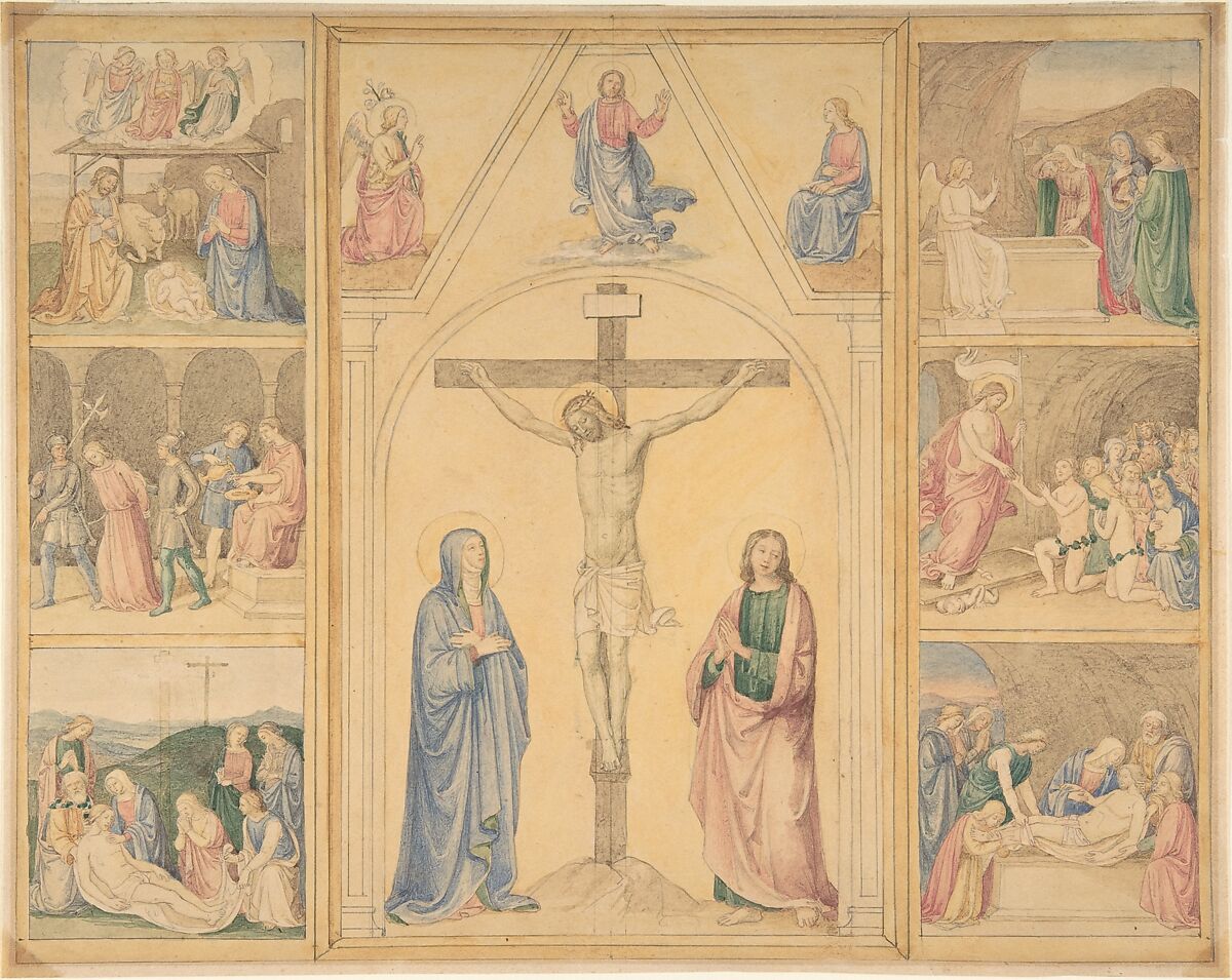 Christ on the Cross with Six Scenes from the Life of Christ, Eduard Jakob von Steinle (Austrian, Vienna 1810–1886 Frankfurt am Main), Graphite and watercolor 