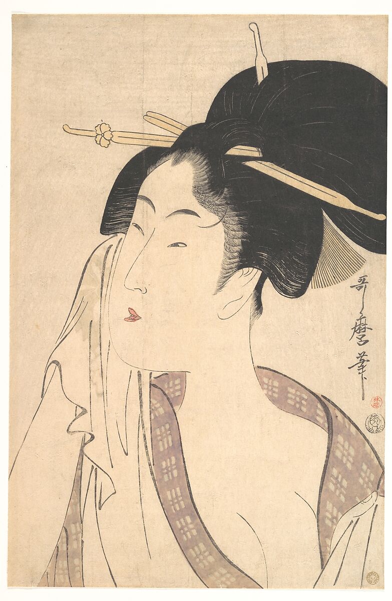 Woman Relaxing after Her Bath, Kitagawa Utamaro (Japanese, ca. 1754–1806), Woodblock print; ink and color on paper, Japan 