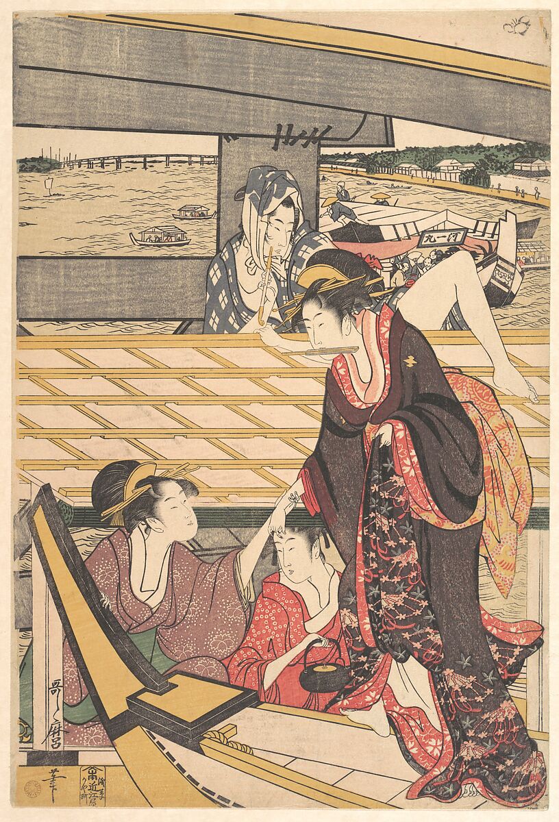 Pleasure Parties in Boats on the Sumida River under the Ryogoku Bridge, Kitagawa Utamaro (Japanese, ca. 1754–1806), One sheet of a hexaptych of woodblock prints; ink and color on paper, Japan 
