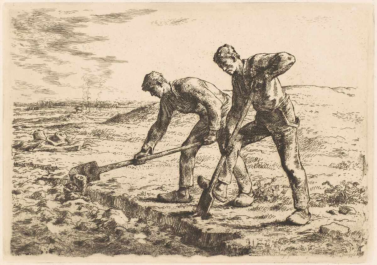 The Diggers, Jean-François Millet (French, Gruchy 1814–1875 Barbizon), Etching on laid paper; fourth state of four 