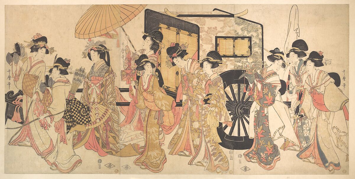 Courtesans Imitating a Court Procession, Kitagawa Utamaro (Japanese, ca. 1754–1806), Triptych of woodblock prints; ink and color on paper, Japan 
