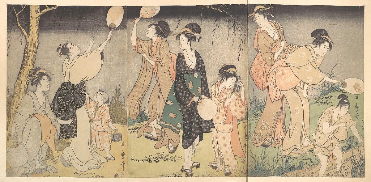 Catching fireflies (Hotaru gari), Kitagawa Utamaro (Japanese, ca. 1754–1806), Triptych of woodblock prints; ink and color on paper, Japan