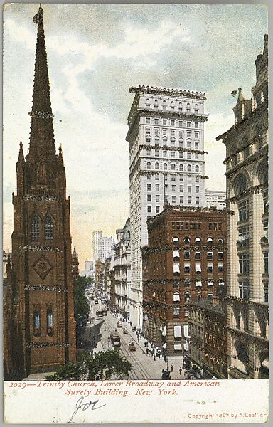 Trinity Church, New York,  Lower Broadway and American Surety Building Postcard, A. Loeffler (American, active 1900s–1920s), Commercial color lithograph with applied glitter 