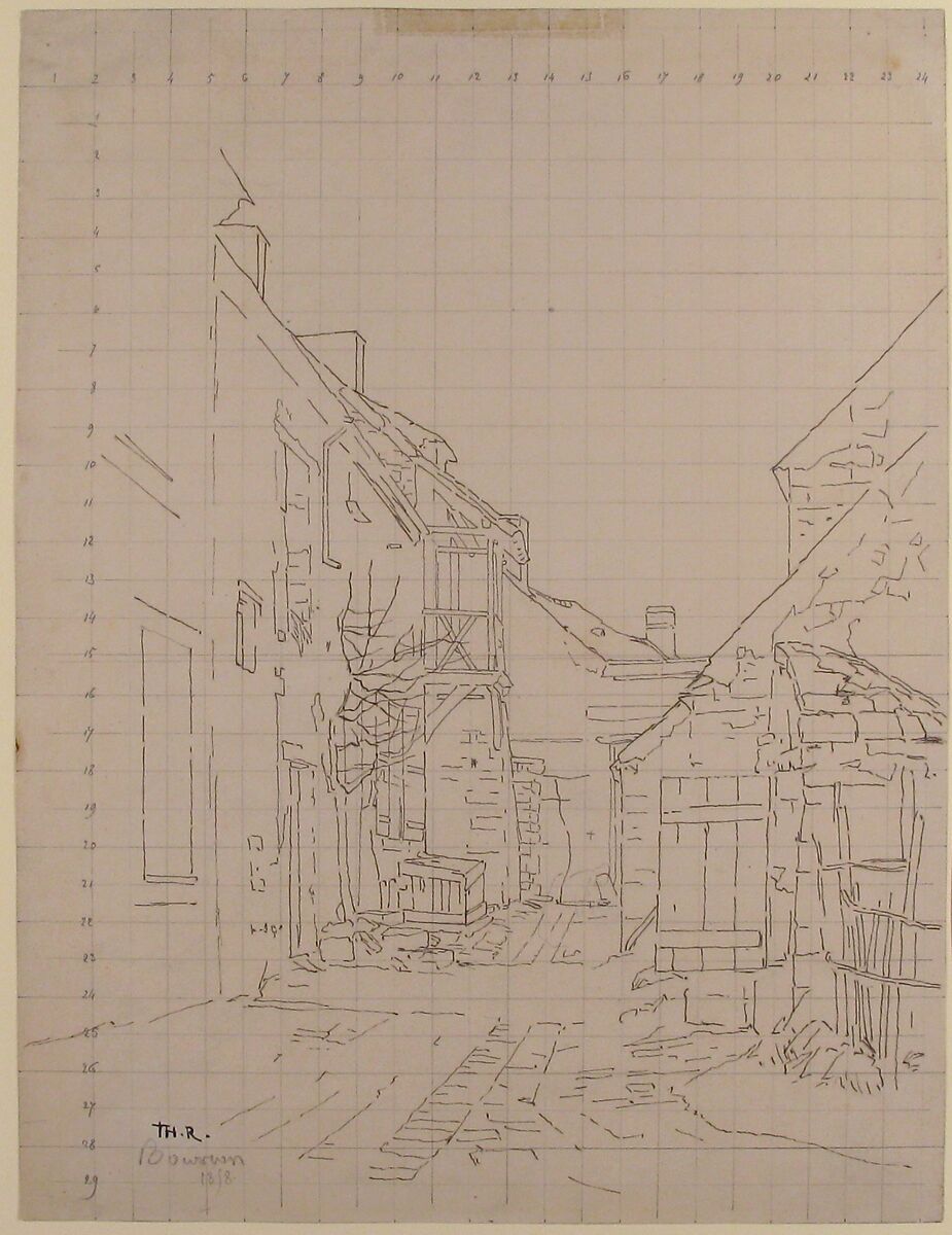 An Alleyway between Houses, Attributed to Théodore Rousseau (French, Paris 1812–1867 Barbizon), Pen and brown ink over graphite; squared in graphite