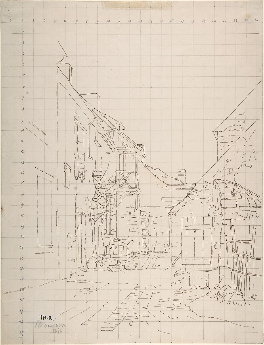 An Alleyway between Houses, Attributed to Théodore Rousseau (French, Paris 1812–1867 Barbizon), Pen and ink over graphite, squared in graphite 