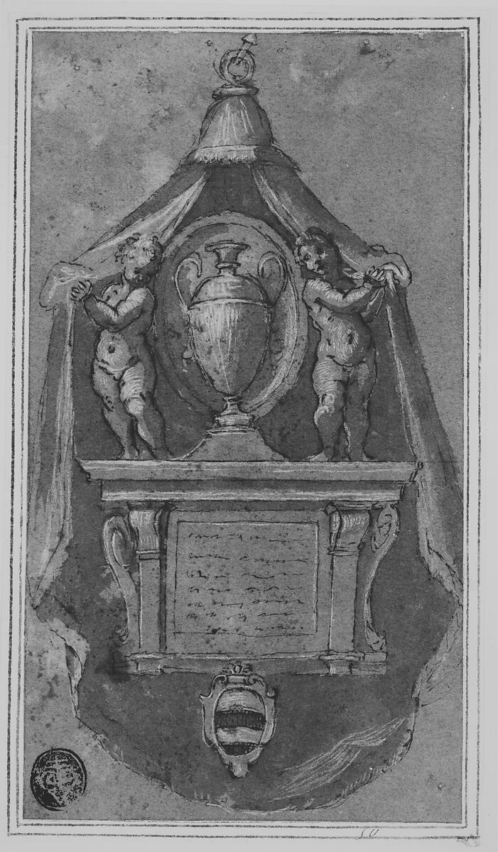 Design for a Wall Tomb, Avanzino Nucci (Italian, Gualdo Tadino (Province of Perugia) 1551–1629 Rome), Pen and brown ink, brush and brown wash, highlighted with white gouache
