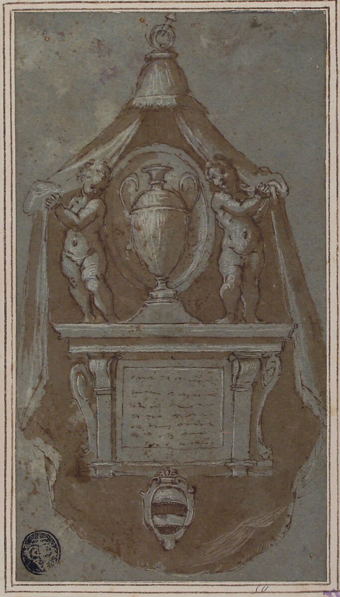 Design for a Wall Tomb, Avanzino Nucci (Italian, Gualdo Tadino (Province of Perugia) 1551–1629 Rome), Pen and brown ink, brush and brown wash, highlighted with white gouache