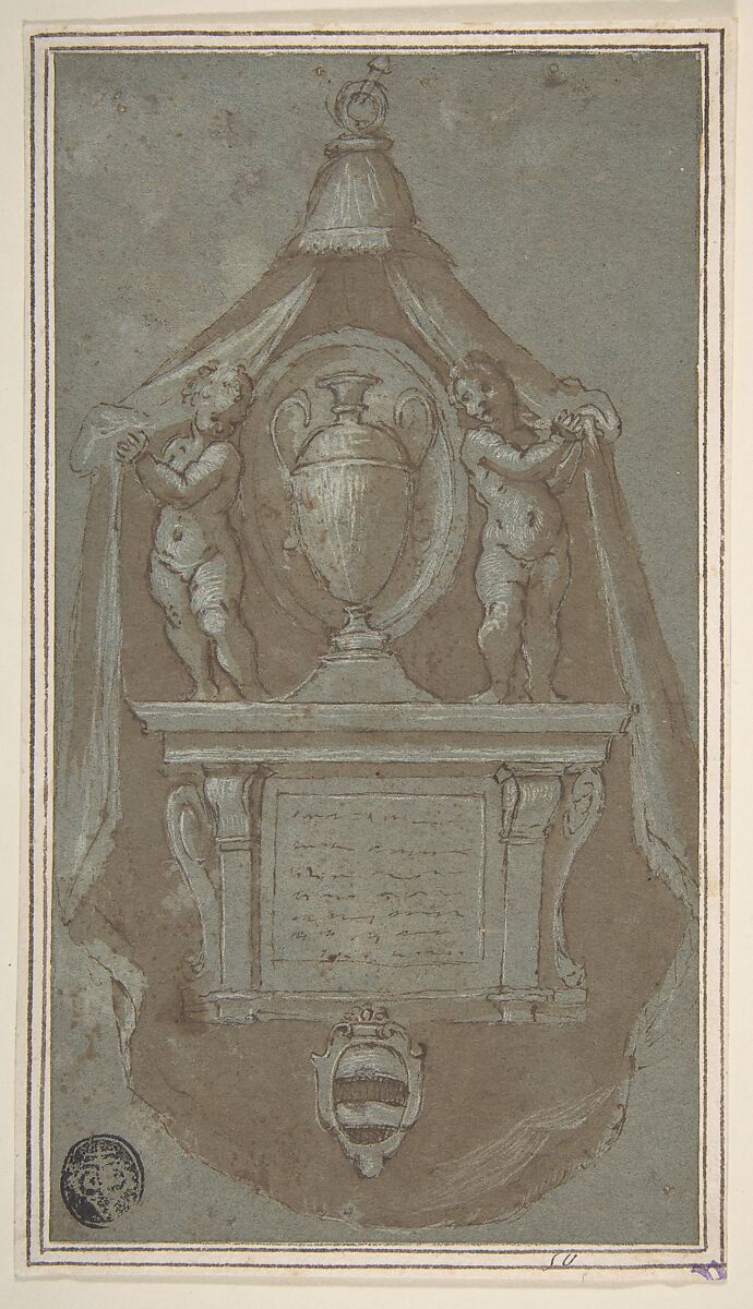 Design for a Wall Tomb, Avanzino Nucci (Italian, Gualdo Tadino (Province of Perugia) 1551–1629 Rome), Pen and brown ink, brush and brown wash, highlighted with white gouache, one blue-green paper. 