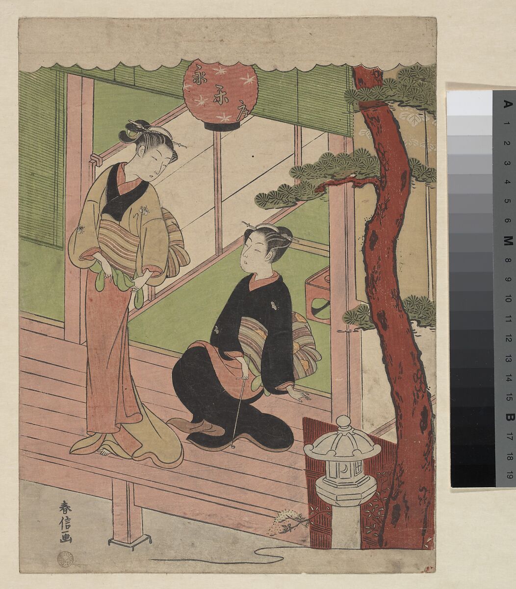 Two Young Women on a Verandah, Suzuki Harunobu (Japanese, 1725–1770), Woodblock print; ink and color on paper, Japan 