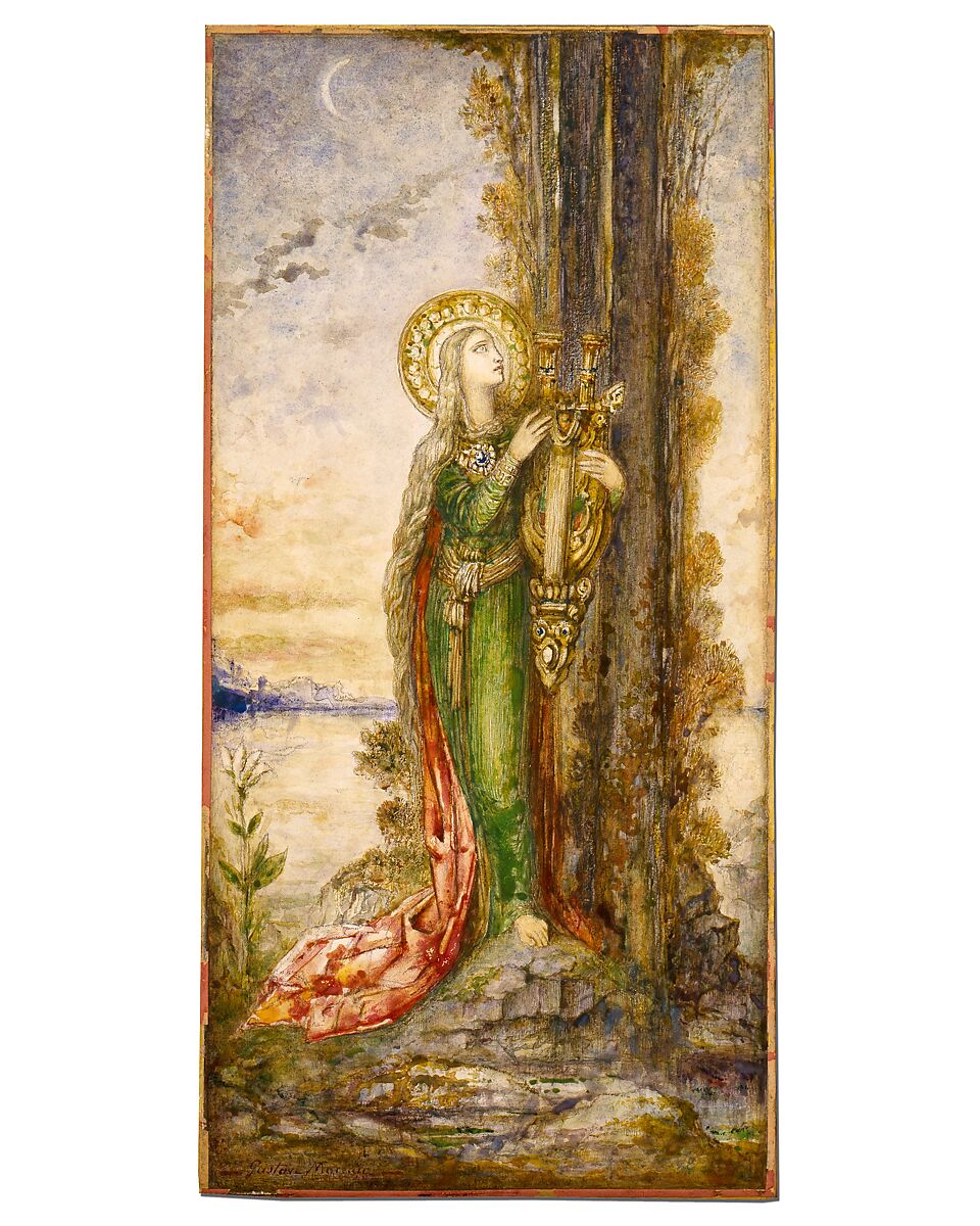 Saint Cecilia, Gustave Moreau (French, Paris 1826–1898 Paris), Gouache and watercolor over graphite on wove paper mounted to wood panel