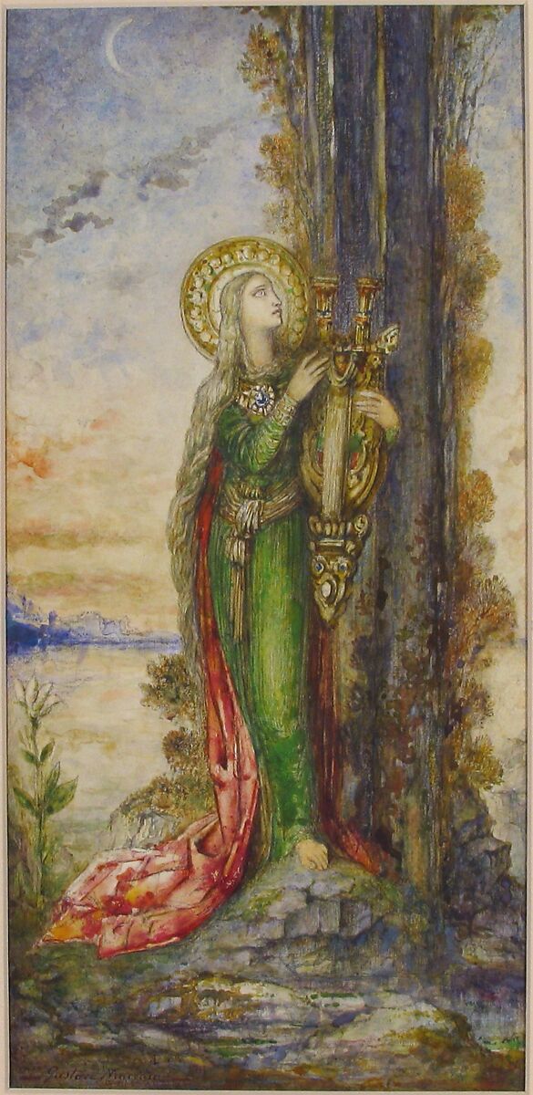 Saint Cecilia, Gustave Moreau (French, Paris 1826–1898 Paris), Gouache and watercolor over graphite on wove paper mounted to wood panel