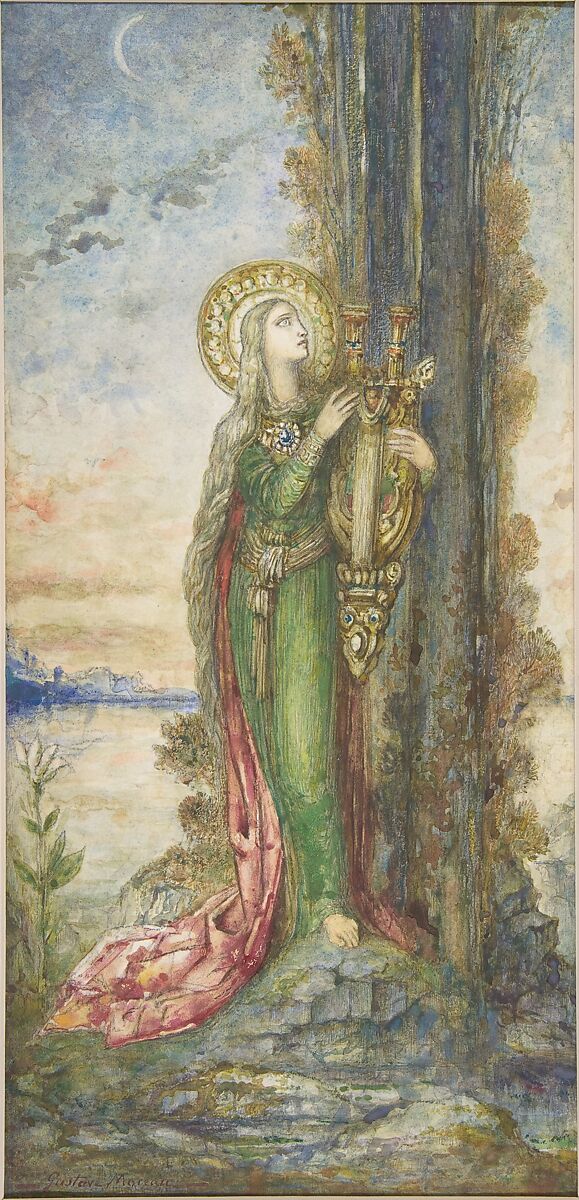 Saint Cecilia, Gustave Moreau (French, Paris 1826–1898 Paris), Gouache and watercolor over graphite on wove paper mounted to wood panel 