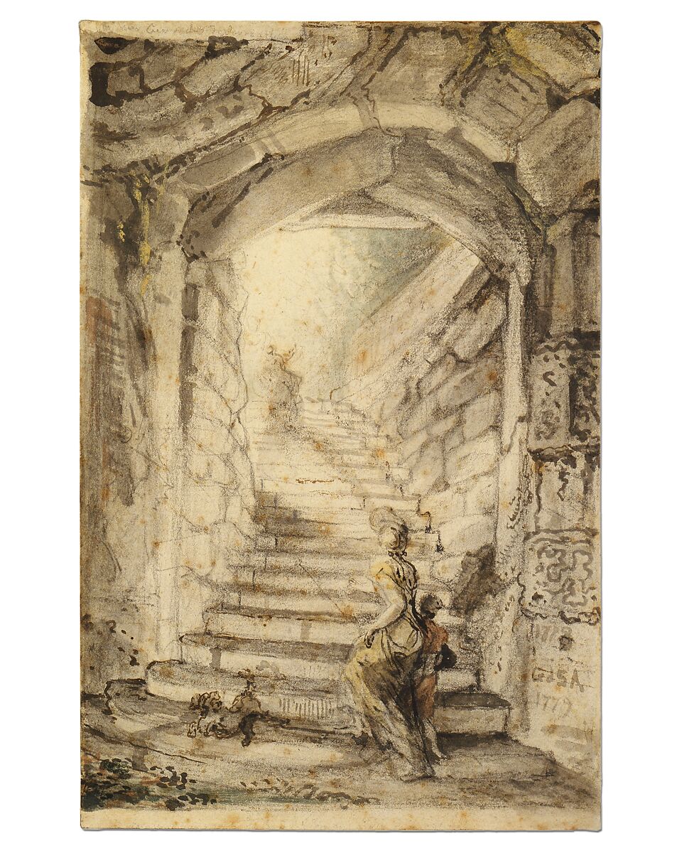 The Curving Stair, Gabriel de Saint-Aubin (French, Paris 1724–1780 Paris), Black chalk, pen and black and brown ink, watercolor, and touches of gouache, on off-white laid paper