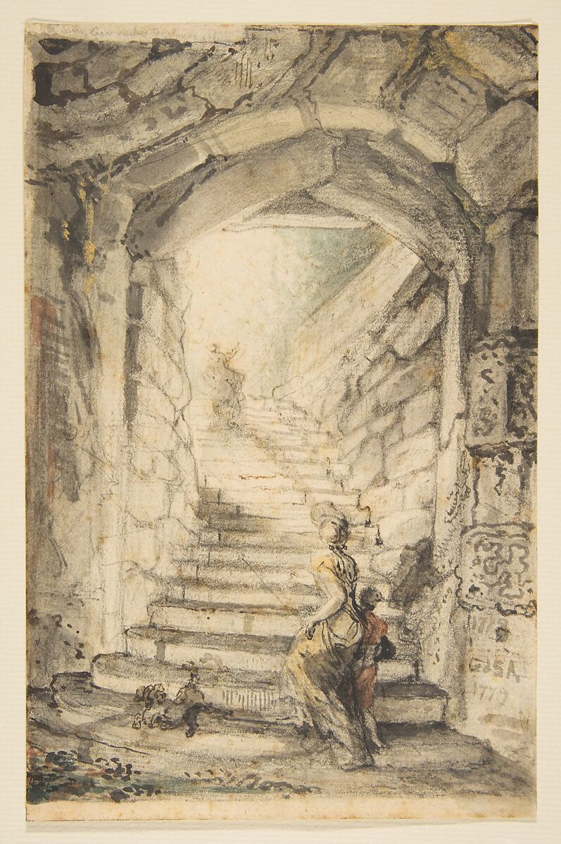 The Curving Stair, Gabriel de Saint-Aubin (French, Paris 1724–1780 Paris), Black chalk, pen and black and brown ink, watercolor, and touches of gouache, on off-white laid paper 