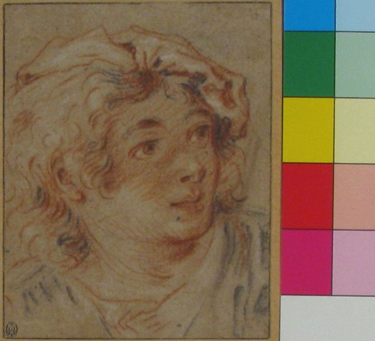 Young Man Wearing a Beret, François Boucher (French, Paris 1703–1770 Paris), Red, black, and white chalk on beige antique laid paper