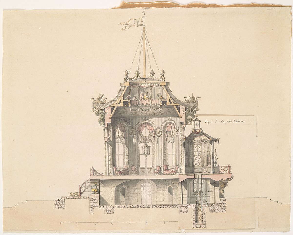 Project for a Chinese Pavillion, Michel Barthelemy Hazon (French, Paris 1722–1818 Paris), Pen and black and brown ink, with watercolor over a ruled graphite underdrawing on off white laid paper 