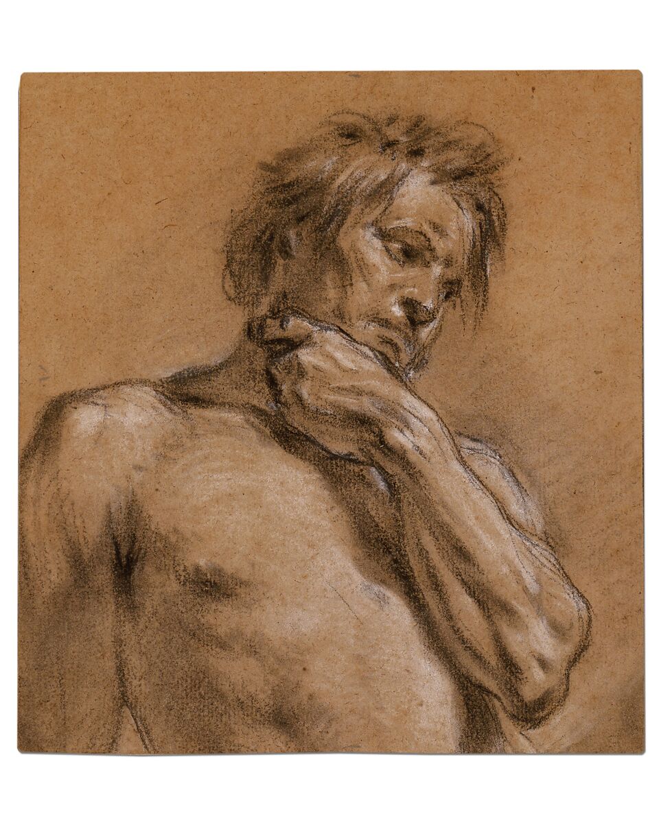 Half-Length Study of a Man, François Boucher (French, Paris 1703–1770 Paris), Black and white chalk on beige (probably formerly blue) laid paper