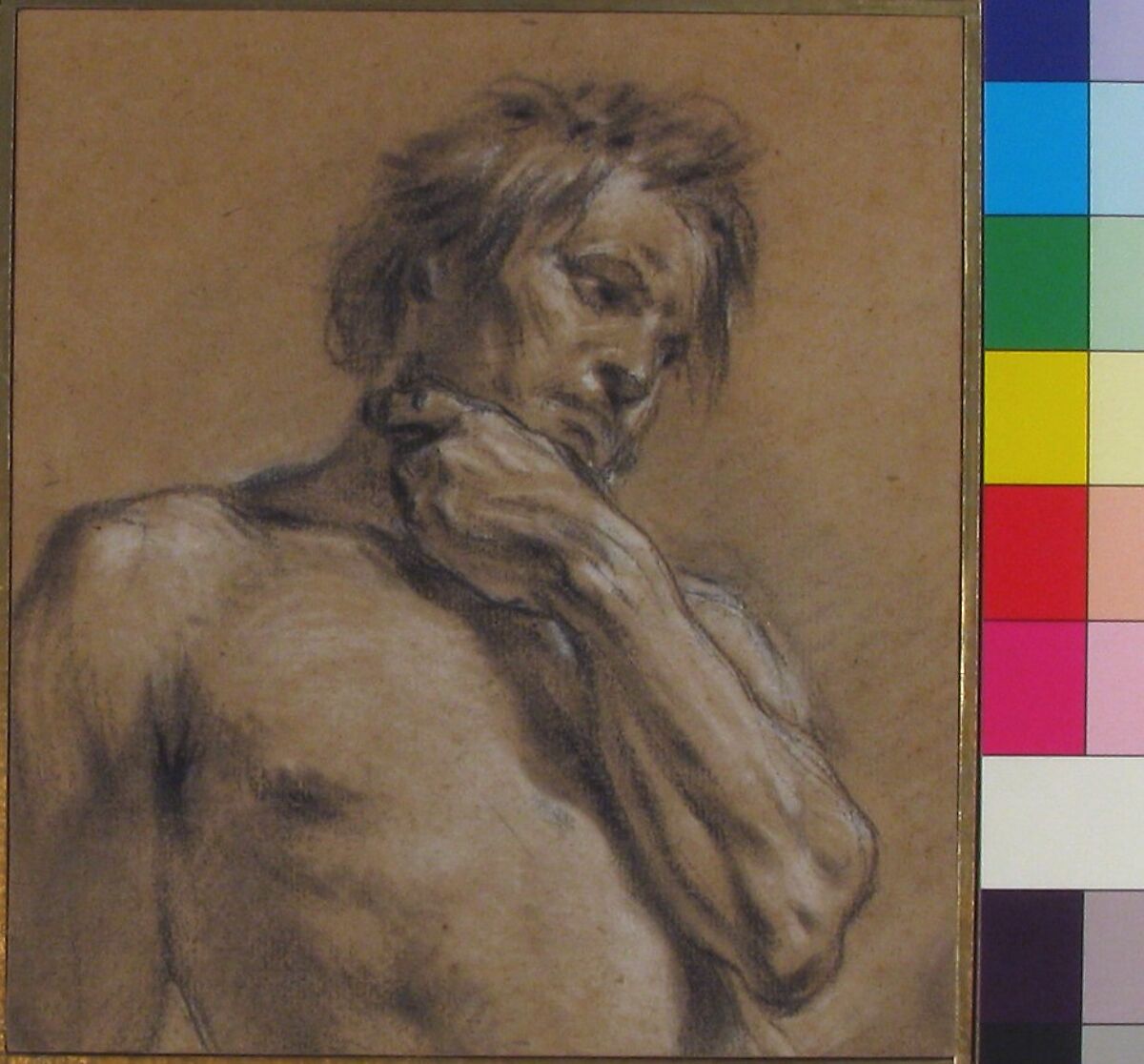 Half-Length Study of a Man, François Boucher (French, Paris 1703–1770 Paris), Black and white chalk on beige (probably formerly blue) laid paper