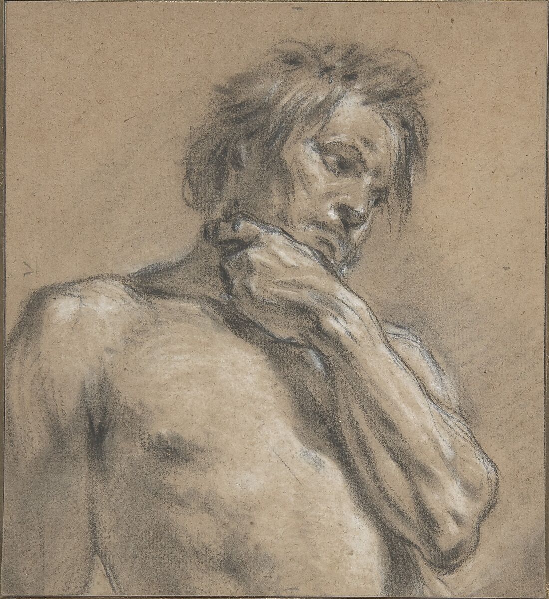 Half-Length Study of a Man, François Boucher (French, Paris 1703–1770 Paris), Black and white chalk on beige (probably formerly blue) laid paper 