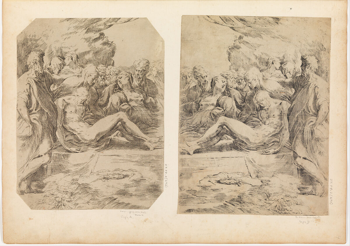 Entombment Facing Left, Parmigianino (Girolamo Francesco Maria Mazzola) (Italian, Parma 1503–1540 Casalmaggiore), Etching with drypoint; first state of two