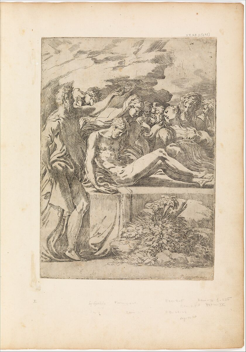 Entombment Facing Right, Parmigianino (Girolamo Francesco Maria Mazzola) (Italian, Parma 1503–1540 Casalmaggiore), Etching with drypoint and engraving; first state of two 
