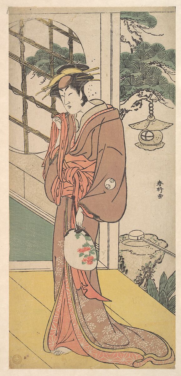 Arashi Ryuzo as a Tall Woman Standing on the Engawa, Katsukawa Shunkō (Japanese, 1743–1812), Woodblock print; ink and color on paper, Japan 