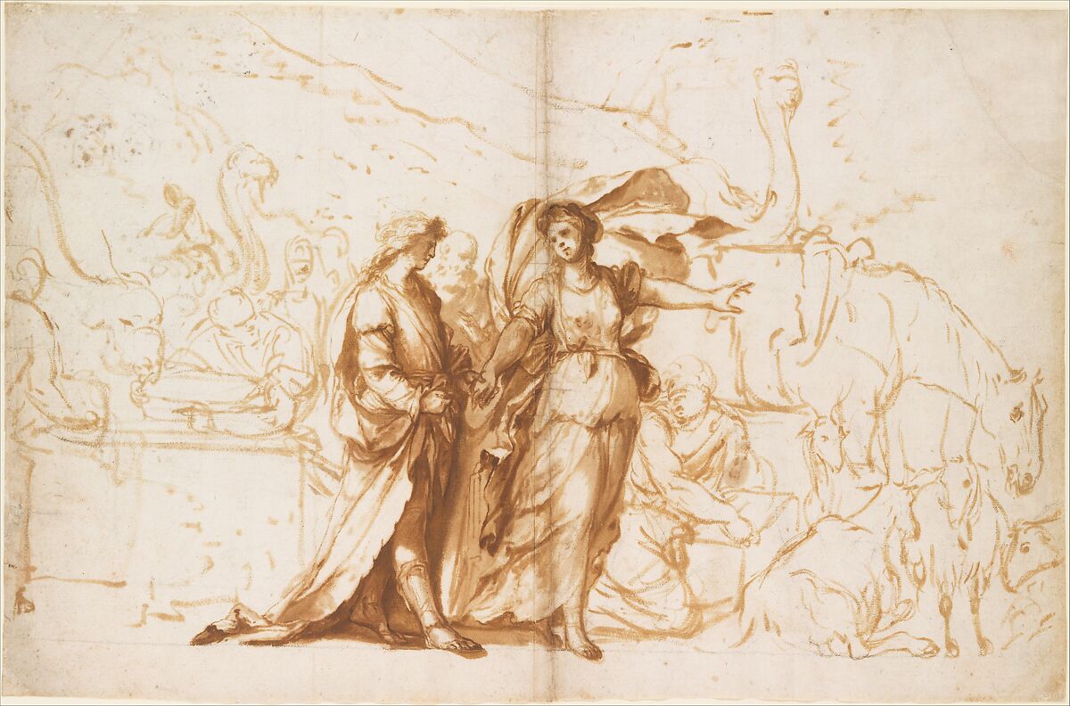 Rebecca at the Well, Circle of Giovanni Benedetto Castiglione (Il Grechetto) (Italian, Genoa 1609–1664 Mantua), Black chalk, brush and brown ink, brown wash on paper 