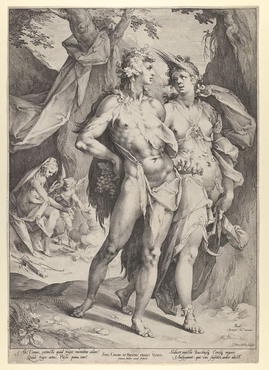 Sine Cerere et Baccho Friget Venus [Without Ceres and Bacchus Venus Grows Cold], Jan Muller (Netherlandish, Amsterdam 1571–1628 Amsterdam), Engraving;  New Holl.’s second state of four 
