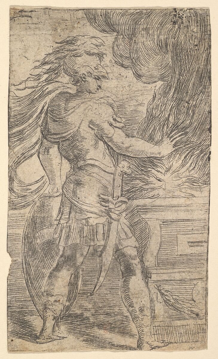 Mutius Scaevola placing his hand in the flames (left half of a composition, the right half of which shows a woman extending her right arm towards an altar), Andrea Schiavone (Andrea Meldola) (Italian, Zadar (Zara) ca. 1510?–1563 Venice), Etching 