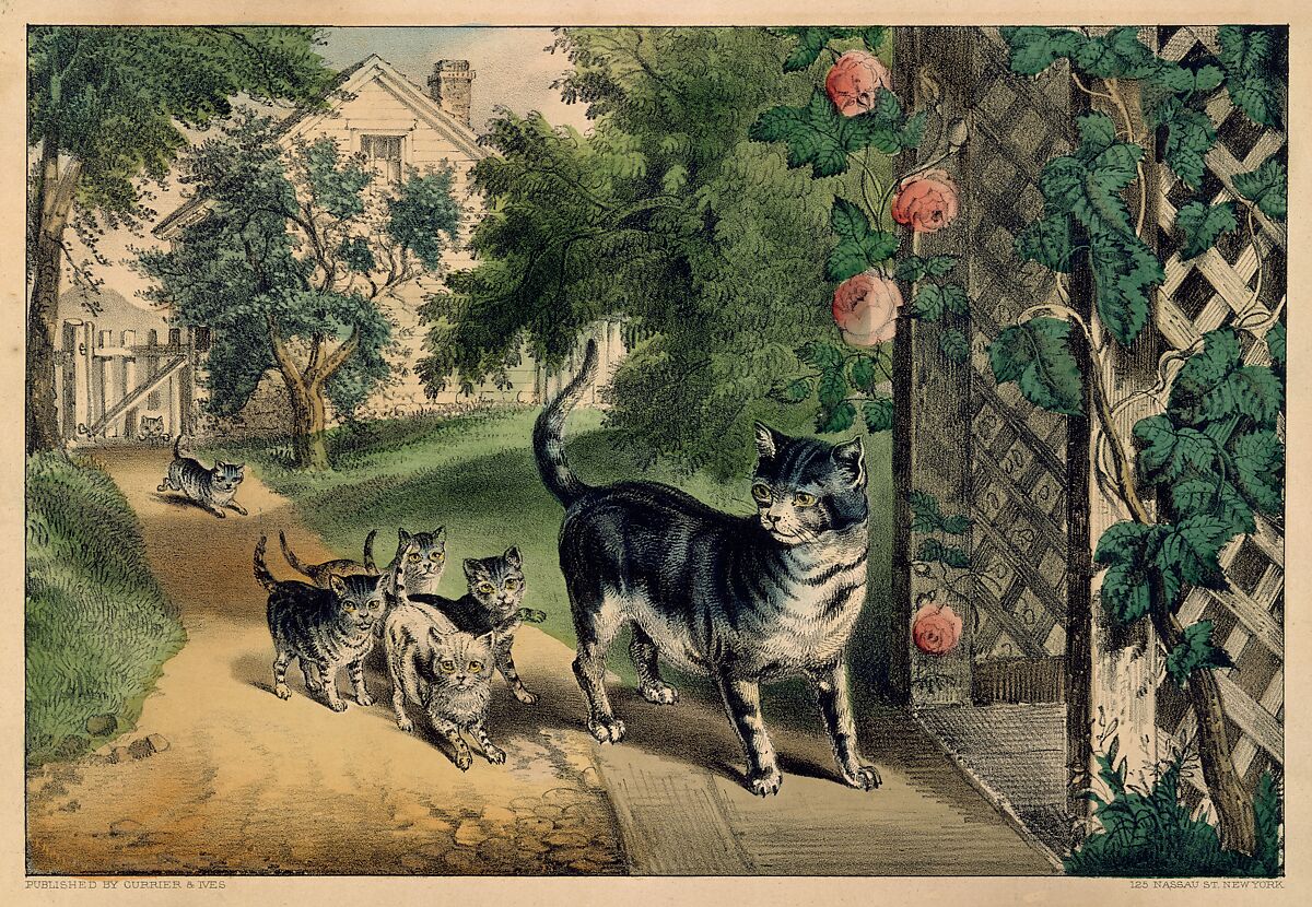 Pussy's Return, Currier &amp; Ives (American, active New York, 1857–1907), Hand-colored lithograph 