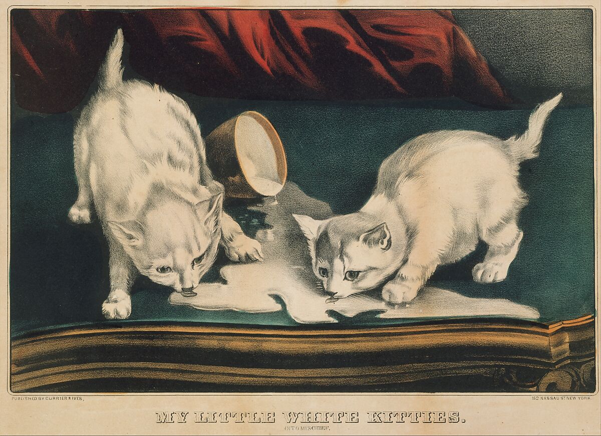 My Little White Kitties – Into Mischief, Currier &amp; Ives (American, active New York, 1857–1907), Hand-colored lithograph 
