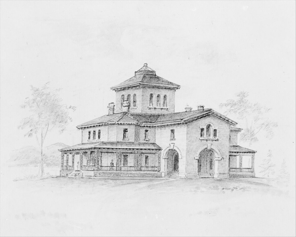 Samuel F. B. Morse House, Poughkeepsie, New York (perspective and plan), Alexander Jackson Davis (American, New York 1803–1892 West Orange, New Jersey), Watercolor 
