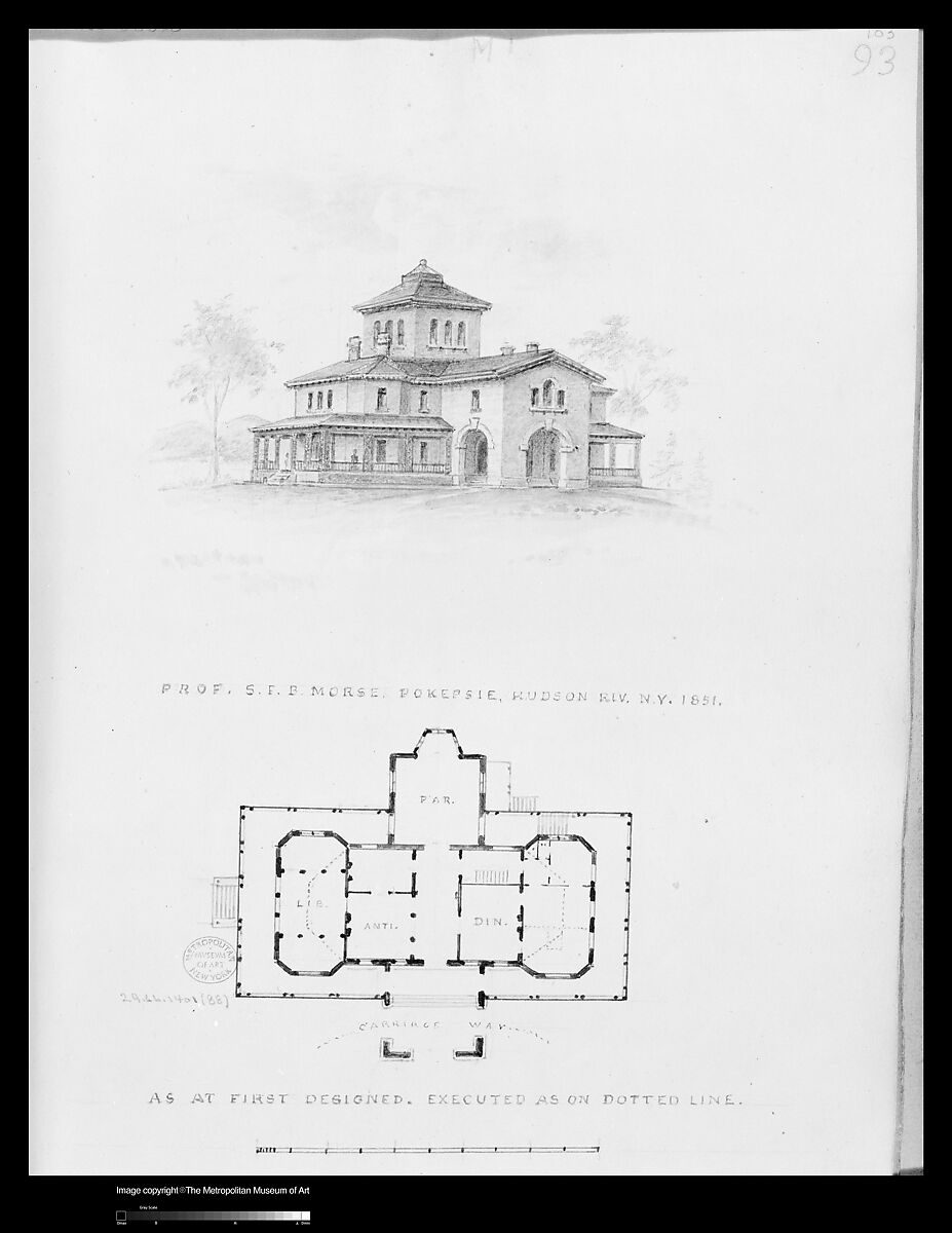 Samuel F. B. Morse House, Poughkeepsie, New York (perspective and plan), Alexander Jackson Davis (American, New York 1803–1892 West Orange, New Jersey), Watercolor