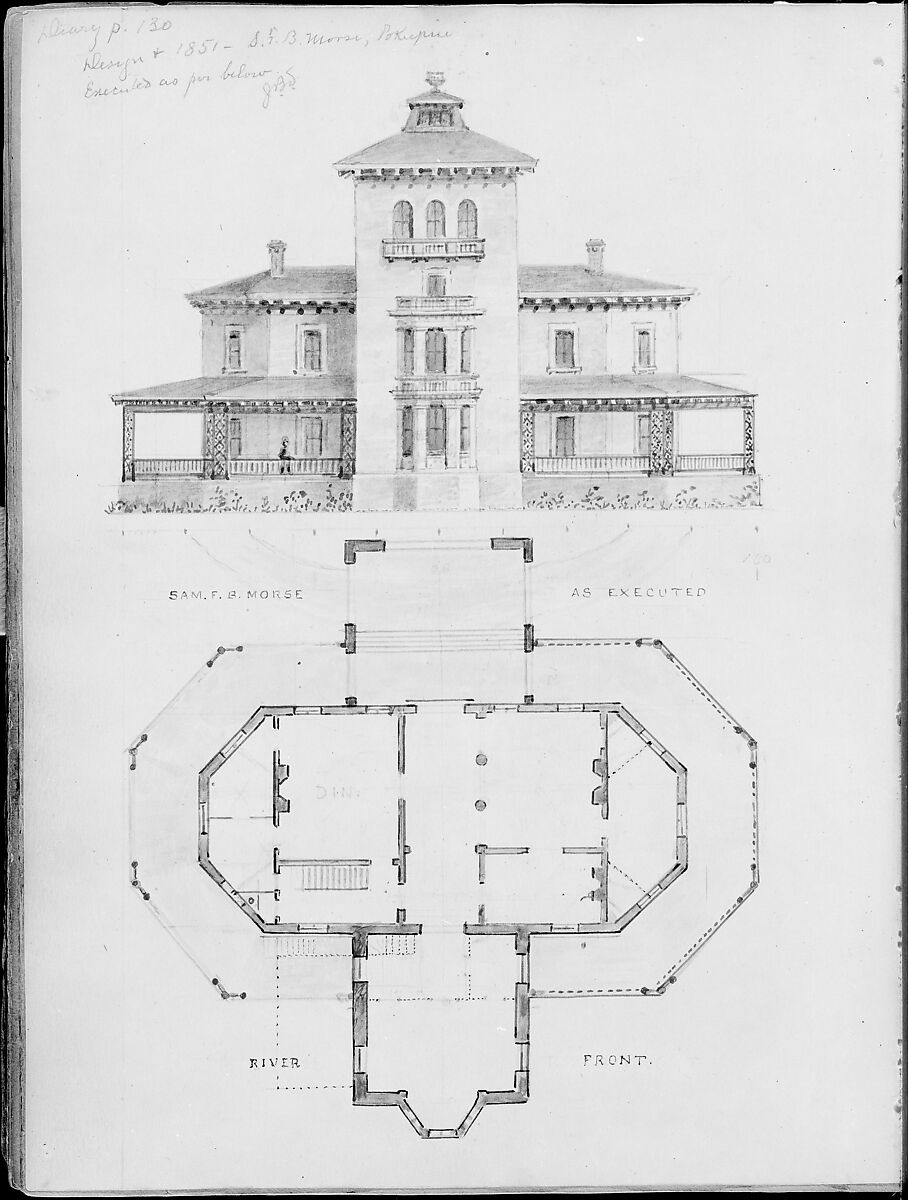 Samuel F. B. Morse House, Poughkeepsie, New York (perspective and plan), Alexander Jackson Davis (American, New York 1803–1892 West Orange, New Jersey), Watercolor