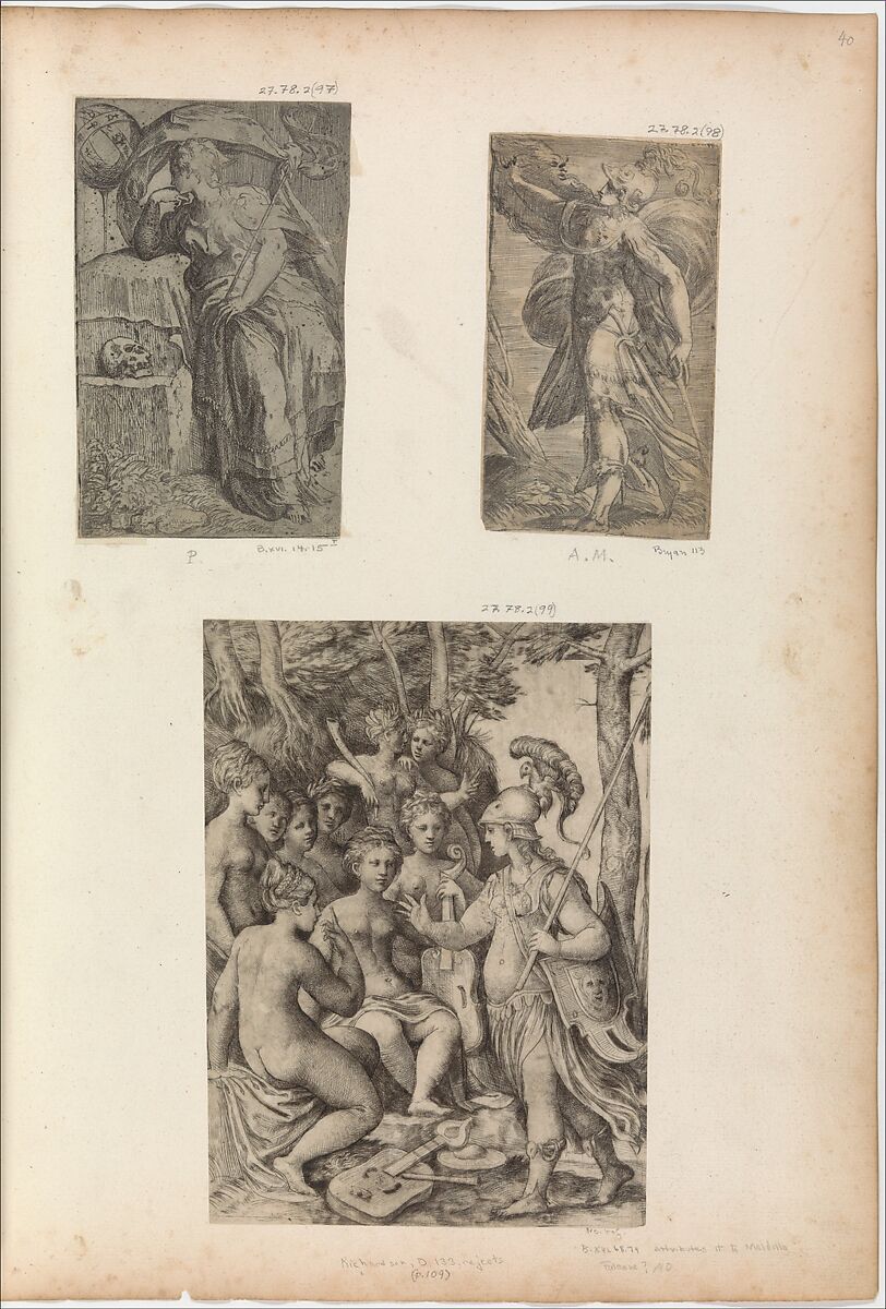 Minerva and the Muses, Formerly attributed to Andrea Schiavone (Andrea Meldola) (Italian, Zadar (Zara) ca. 1510?–1563 Venice), Etching and drypoint