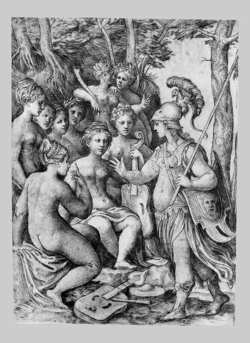 Minerva and the Muses, Formerly attributed to Andrea Schiavone (Andrea Meldola) (Italian, Zadar (Zara) ca. 1510?–1563 Venice), Etching and drypoint 