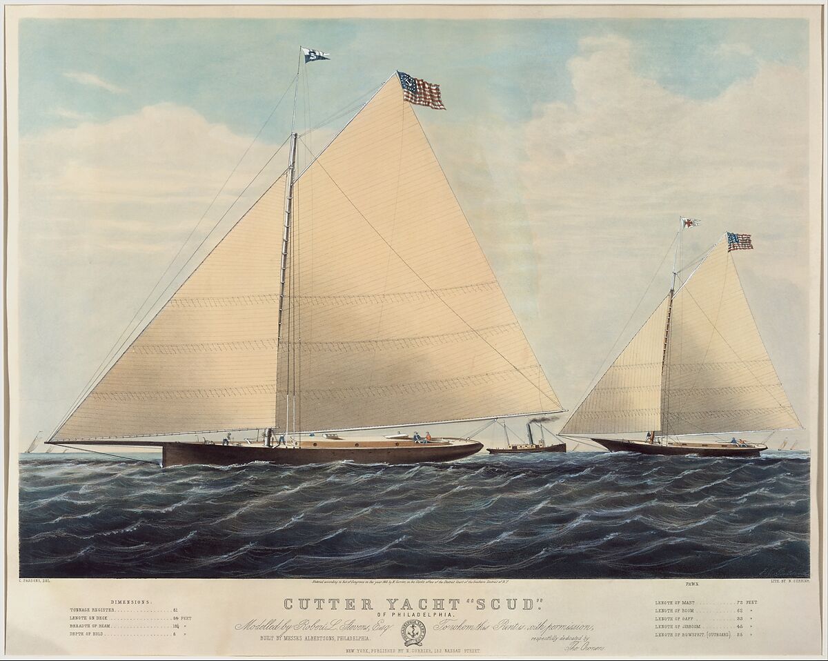 Cutter Yacht "Scud" of Philadelphia – Modelled by Robert L. Stevens, Esq., Drawn by Charles Parsons (American (born England), Hampshire 1821–1910 New York), Hand-colored lithograph 