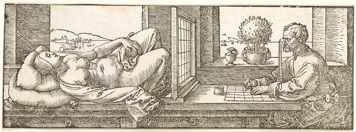 Draughtsman Making a Perspective Drawing of a Reclining Woman, Albrecht Dürer (German, Nuremberg 1471–1528 Nuremberg), Woodcut