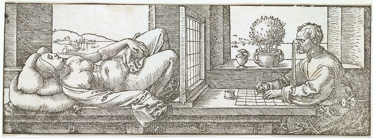 Draughtsman Making a Perspective Drawing of a Reclining Woman, Albrecht Dürer (German, Nuremberg 1471–1528 Nuremberg), Woodcut