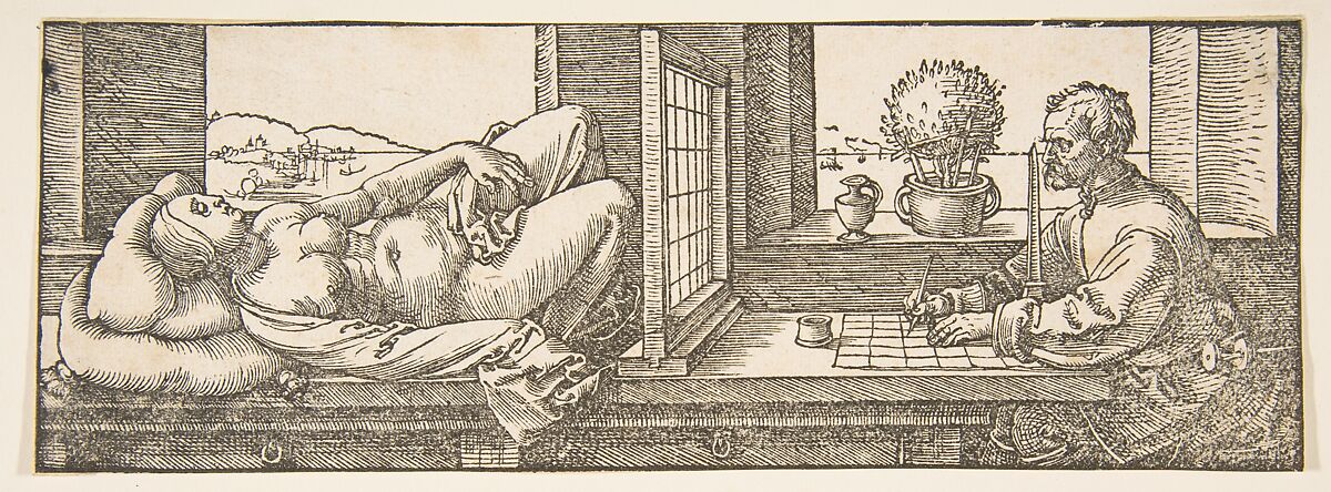 Draughtsman Making a Perspective Drawing of a Reclining Woman, Albrecht Dürer (German, Nuremberg 1471–1528 Nuremberg), Woodcut 