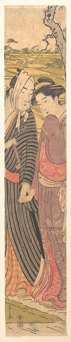 A Man and a Girl Walking in the Rice Fields, Chōbunsai Eishi (Japanese, 1756–1829), Woodblock print; ink and color on paper, Japan 