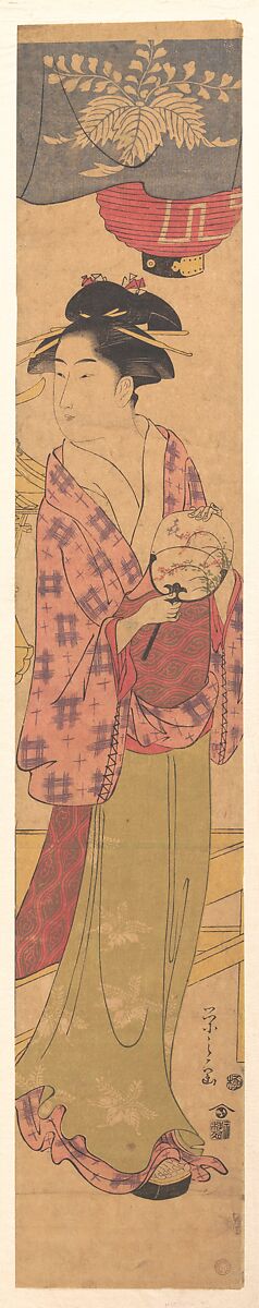 A Girl with a Fan, Chōbunsai Eishi (Japanese, 1756–1829), Woodblock print; ink and color on paper, Japan 