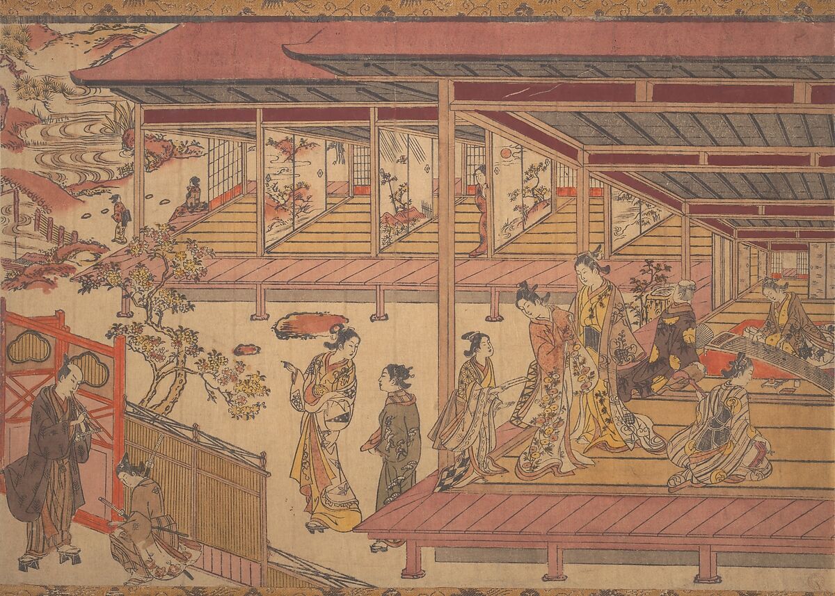 A Man Standing Outside the Gate of a Large House, Okumura Masanobu (Japanese, 1686–1764), Woodblock print; ink, color, and hand-coloring on paper, Japan 