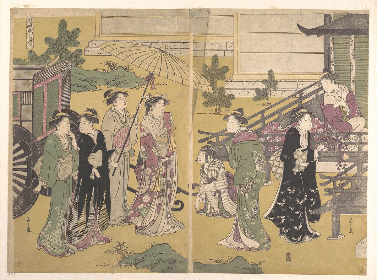 Fuji no Uraha, Chōbunsai Eishi (Japanese, 1756–1829), Two sheets from a triptych of woodblock prints; ink and color on paper, Japan 